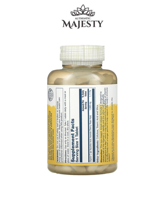 Solaray Vitamine C à Libération Prolongée Avec églantier Et Acérola 1 000 mg - 100 comprimés -
